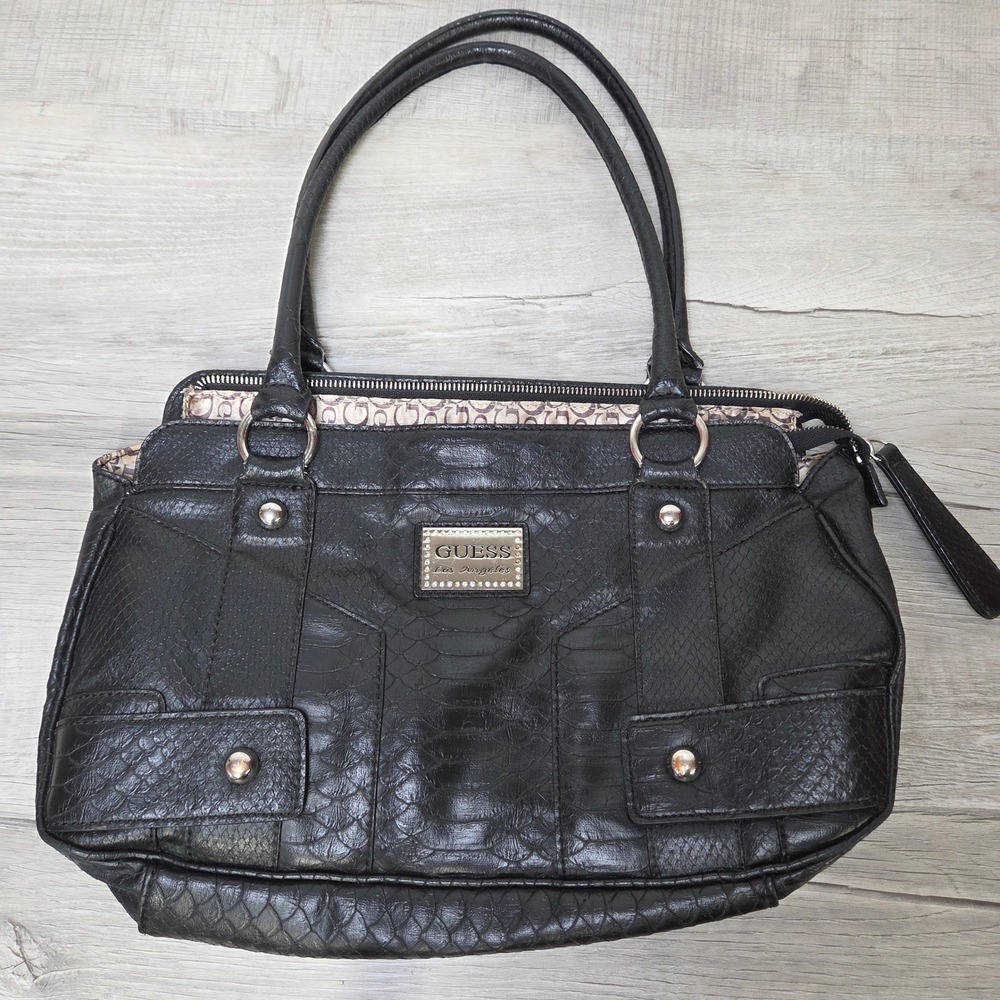 GUESS Mya Black Snakeskin Embossed Satchel Shoulder Bag Large Tote Vegan Leather